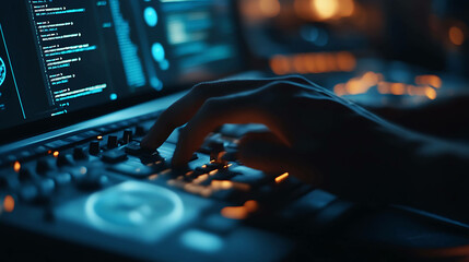 A person's hand is typing on a keyboard with a computer screen showing code in the background.