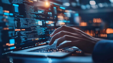 Close-up of hands typing code on a laptop.