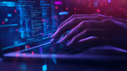 Programmer working on code on a laptop at night.