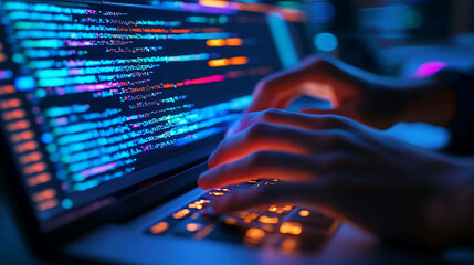 Close-up of hands typing code on a laptop with colorful lines of code.