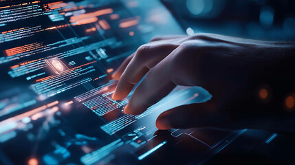 Close-up of a hand interacting with a futuristic digital interface.