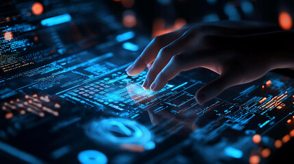 A hand reaches out to touch a futuristic, glowing interface.
