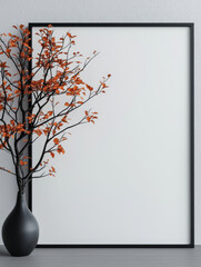 Wall Mural - Black vase with orange branches in front of a blank frame.