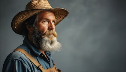 Wall Mural - Authentic portrait of a bearded farmer set against a gray backdrop, embodying the essence of agriculture and farming lifestyle for promotional design.