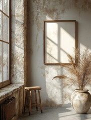 Poster - Rustic interior with a blank frame and a wooden stool.