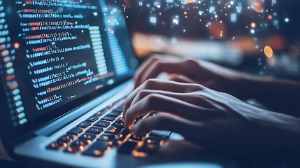 Closeup of hands typing on a laptop with code on the screen.