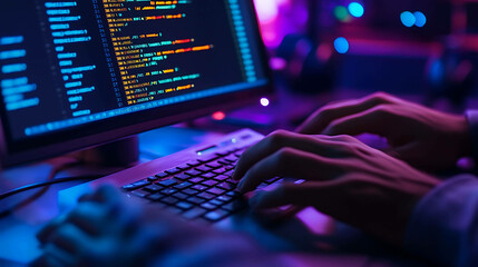 Close up of hands typing code on a keyboard in a dimly lit room.