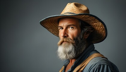 Wall Mural - Authentic portrait of a bearded farmer set against a gray backdrop, embodying the essence of agriculture and farming lifestyle for promotional design.