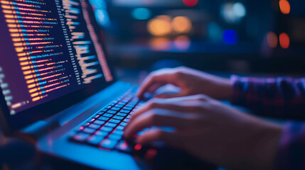 Close up of hands typing code on a laptop.