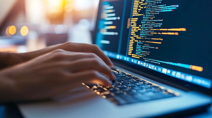 Close-up of hands typing code on a laptop.