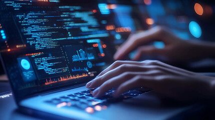 Closeup of hands typing on a laptop with glowing screen displaying code and data.