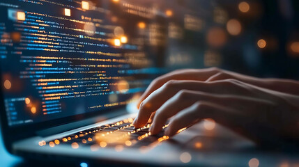 Close up shot of a programmer's hands typing code on a laptop in a dimly lit room.