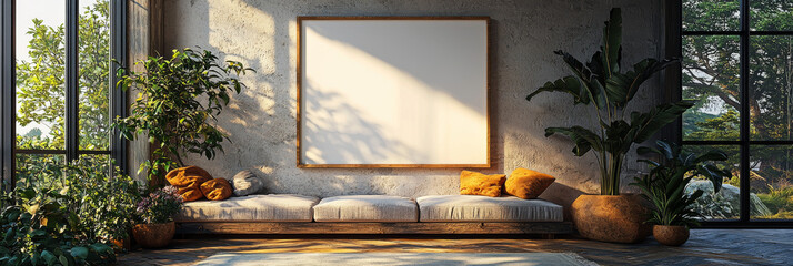 Wall Mural - Modern living room with a large framed picture hanging above a plush sofa.