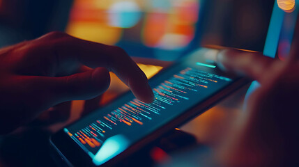 Closeup of a hand scrolling through code on a tablet.