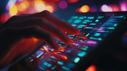 Close-up of a hand interacting with a futuristic tablet displaying colorful data and code.