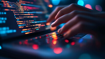 A programmer's hand types on a laptop keyboard, with code displayed on the screen.