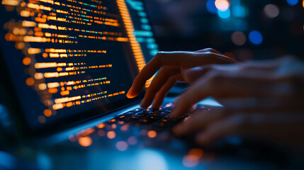 Wall Mural - Close-up of a programmer's hands typing code on a laptop.