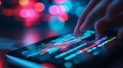 Close-up of a hand scrolling through code on a tablet in a dark room with colorful bokeh lights.