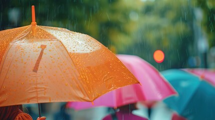 Close-up view of a colorful umbrella in the rain, with a blurred figure and trees behind it.