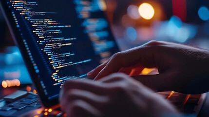 A close-up of a person's hands typing on a laptop with a screen full of code.