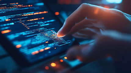 A finger points at a line of code on a computer screen.