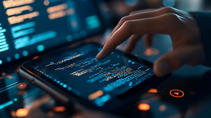 A programmer's hand interacts with a tablet displaying lines of code.