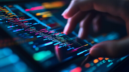 Close-up of a hand scrolling through lines of colorful code on a tablet.