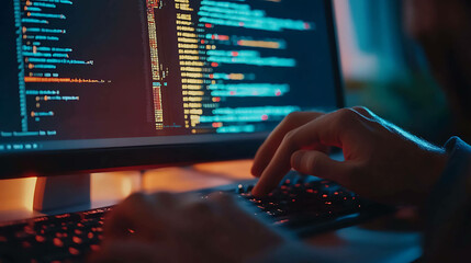 Wall Mural - Close-up of a hand typing code on a computer keyboard with a glowing screen in the background.