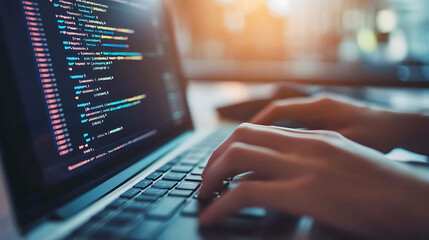 Closeup of hands typing code on laptop.