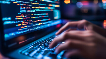 Hands typing code on a laptop at night.