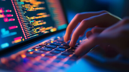 Close-up of hands typing on a laptop keyboard with a glowing blue and orange screen.