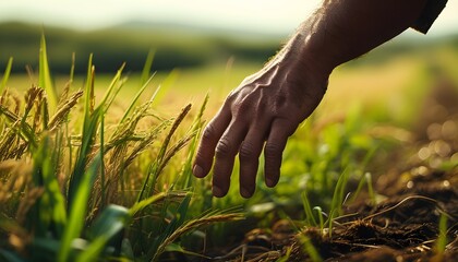 Tender Connection: Hand Reaching Out to a Horse in the Serene Fields of Agriculture and Livestock Farming