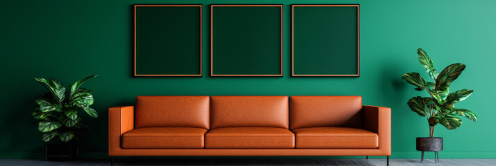 orange leather sofa in a living room with three framed posters and two potted plants.