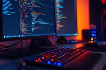 multiple computer screens display colorful programming code in a dark room, reflecting modern softwa