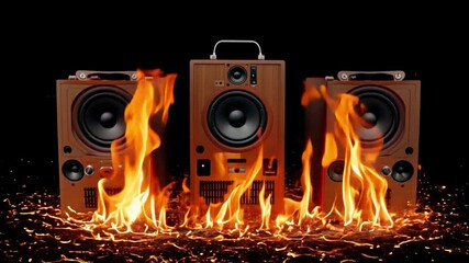 Poster - This Vintage speakers emit a vibrant energy as flames flicker around them in a dark environment.