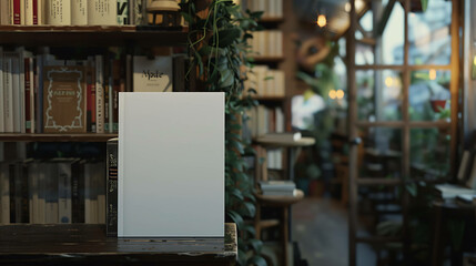 Blank book cover mockup in a cozy bookstore setting.