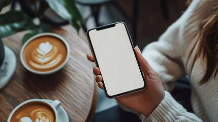 Wall Mural - Woman using smartphone in a cafe with coffee in the background.