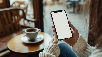 Wall Mural - Woman in a cafe with coffee and a blank phone screen.