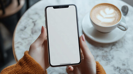 Sticker - A woman's hands hold a blank screen smartphone over a marble table in a coffee shop.