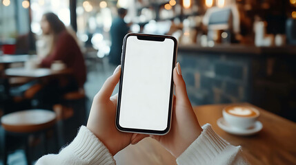 Canvas Print - Woman's hands holding smartphone with white blank screen in cafe.