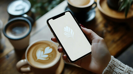 A person's hand holding a phone with a white coffee cup in the foreground.