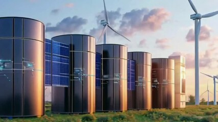 Wall Mural - Conceptual of a modern battery energy storage system with wind turbines and solar panel power plants