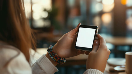 Wall Mural - Woman using a smartphone with a blank screen in a coffee shop.