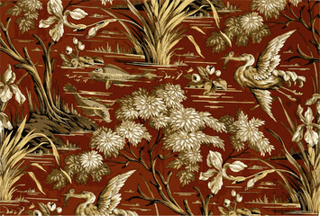 Nature pattern featuring cranes, fish, and water lilies illustrated in gold on a rich, red background.