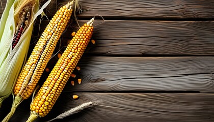 Rustic display of corn cobs on wooden background with straw, celebrating farm harvest and healthy eating in a creative banner design