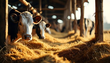 Wall Mural - Warmly lit barn with a cow among straw, symbolizing agriculture, livestock care, and milk production in a tranquil setting. Ideal for banners and posters.