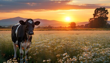 Tranquil sunset over a blooming flower field with a cow, symbolizing agriculture and milk production in a serene rural landscape