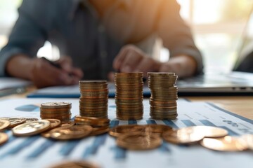 Coins stacked on graph paper, blurry person in background. Image represents business success and financial growth.