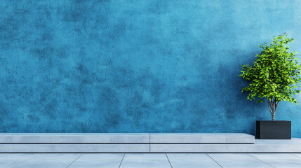 Canvas Print - A minimalist platform with a blue wall and a small potted plant.