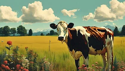 Wall Mural - Nostalgic vintage cow grazing in a serene field, embodying the essence of agriculture and milk production in a timeless design